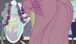 Size: 1896x1118 | Tagged: safe, derpibooru import, screencap, fluttershy, rarity, human, costume conundrum, equestria girls, equestria girls series, g4, spoiler:eqg series (season 2), beautiful, bedroom, clothes, costume conundrum: rarity, dress, eyes closed, gown, image, jewelry, jpeg, mirror, my little pony equestria girls: choose your own ending, princess fluttershy, reflection, tiara