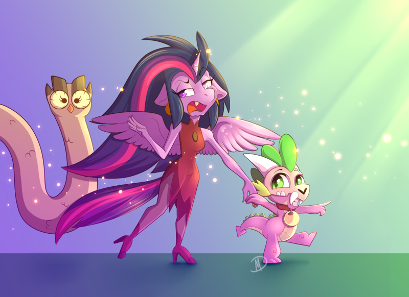 Size: 3300x2400 | Tagged: safe, artist:mdragonflame, derpibooru import, owlowiscious, spike, twilight sparkle, twilight sparkle (alicorn), alicorn, anthro, bird, dragon, owl, plantigrade anthro, g4, spoiler:the owl house, boots, clothes, cosplay, costume, crossover, edalyn clawthorne, female, floppy ears, high heel boots, high res, hooty, horn, image, king clawthorne, male, open mouth, png, shoes, spoilers for another series, spread wings, tail, the owl house, titan costume, trio, wings, witch costume