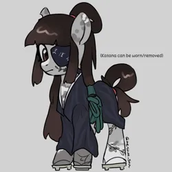 Size: 4096x4096 | Tagged: safe, artist:metaruscarlet, derpibooru import, oc, oc:ohasu, unofficial characters only, earth pony, pony, clothes, earth pony oc, english, eye scar, eyepatch, facial scar, geta, gray background, image, japanese, kimono (clothing), moon runes, png, redesign, scar, simple background, solo, spotted, tattoo, text, torn ear