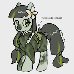 Size: 4096x4096 | Tagged: safe, artist:metaruscarlet, derpibooru import, oc, oc:sawa (ice1517), unofficial characters only, earth pony, pony, clothes, earth pony oc, english, flower, gray background, image, kimono (clothing), looking at you, png, ribbon, simple background, solo, spotted, tasuki, text