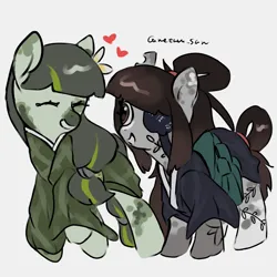 Size: 4096x4096 | Tagged: safe, artist:metaruscarlet, derpibooru import, oc, oc:ohasu, oc:sawa (ice1517), unofficial characters only, earth pony, pony, clothes, couple, earth pony oc, eyepatch, female, flower, heart, image, japanese, kimono (clothing), lesbian, looking at each other, looking at someone, moon runes, png, raised hoof, smiling, smiling at each other, spotted, tattoo, torn ear