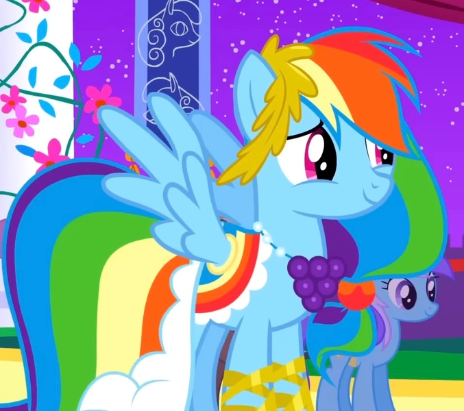 Size: 1076x953 | Tagged: safe, derpibooru import, screencap, minuette, rainbow dash, pegasus, pony, g4, the best night ever, alternate hairstyle, beautiful, canterlot, clothes, cropped, dress, female, flower, gala, gala dress, gown, grand galloping gala, happy, image, jpeg, mare, night, rainbow dash's first gala dress, rope, smiling