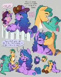 Size: 2160x2700 | Tagged: safe, artist:twillow, artist:twillowv_art, derpibooru import, hitch trailblazer, izzy moonbow, pipp petals, sparky sparkeroni, dragon, earth pony, pegasus, pony, unicorn, g5, baby, baby dragon, cowboy hat, father and child, father and son, female, hat, horn, image, jpeg, kiss on the cheek, kissing, looking at each other, looking at someone, male, momma izzy, papa hitch, plushie, ship:moontrail, shipping, smiling, straight