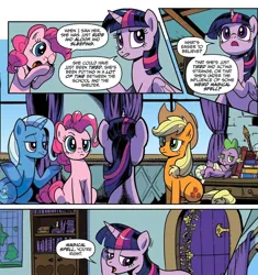 Size: 1928x2054 | Tagged: safe, artist:pencils, derpibooru import, idw, applejack, pinkie pie, spike, trixie, twilight sparkle, twilight sparkle (alicorn), alicorn, dragon, earth pony, pony, unicorn, g4, spoiler:comic, spoiler:comic73, horn, image, jpeg, official comic, winged spike, wings