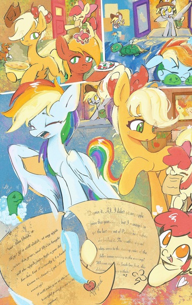 Size: 2400x3800 | Tagged: safe, artist:tieb5, derpibooru import, apple bloom, applejack, big macintosh, bright mac, derpy hooves, pear butter, rainbow dash, tank, winona, dog, earth pony, pegasus, pony, tortoise, adorabloom, apple siblings, apple sisters, bag, baking, box, brother and sister, cute, female, filly, foal, heart, image, jpeg, letter, male, mare, open mouth, photo, saddle bag, siblings, sisters, sleepy, smiling, stallion, text, wing hold, wings