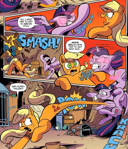 Size: 1966x2288 | Tagged: safe, artist:andy price, derpibooru import, idw, applejack, twilight sparkle, alicorn, bird, draconequus, earth pony, g4, spoiler:comic, spoiler:comic75, barrel, biting, cage, combat, ducking, duel, fight, gritted teeth, image, jpeg, kick, kicking, leaning back, mind control, official comic, punch, smashing, snapping, stars, teeth, the cosmos, treasure chest