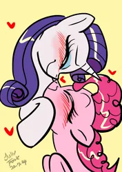 Size: 1240x1754 | Tagged: safe, artist:jully-park, derpibooru import, pinkie pie, rarity, earth pony, pony, unicorn, g4, blush lines, blushing, boop, eyes closed, female, horn, image, jpeg, lesbian, lidded eyes, noseboop, ship:raripie, shipping, simple background, yellow background