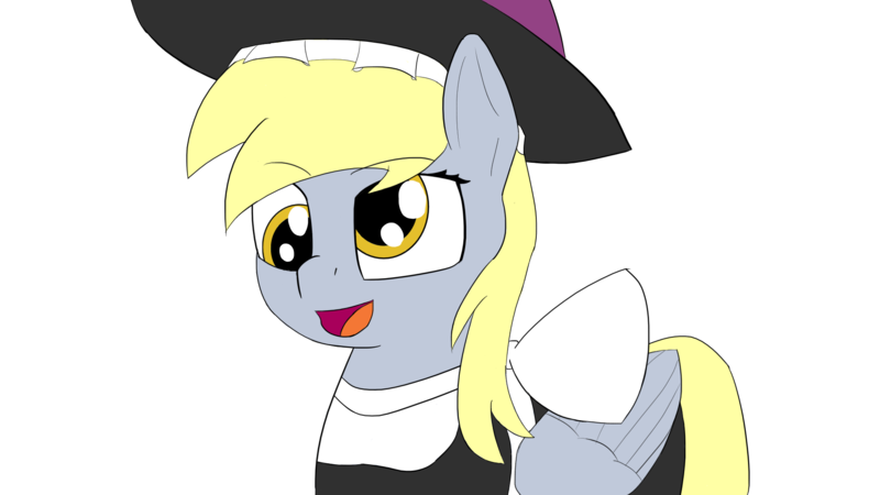 Size: 1920x1080 | Tagged: safe, artist:claynus, derpibooru import, derpy hooves, pegasus, pony, g4, clothes, cosplay, costume, hat, image, kirisame marisa, open mouth, open smile, png, smiling, solo, touhou, witch hat