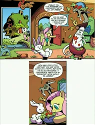 Size: 5616x7384 | Tagged: safe, artist:andy price, derpibooru import, idw, angel bunny, discord, fluttershy, bird, cat, draconequus, pegasus, rabbit, squirrel, g4, spoiler:comic, spoiler:comic75, animal, apron, clothes, fluttershy's cottage, food, image, jpeg, lettuce, official comic, salad, throwing, tomato