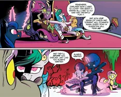 Size: 2034x1638 | Tagged: safe, artist:andy price, derpibooru import, idw, discord, fluttershy, princess celestia, princess luna, twilight sparkle, twilight sparkle (alicorn), alicorn, draconequus, pegasus, g4, spoiler:comic, spoiler:comic75, canterlot castle, dancing, food, image, jpeg, magic, mind control, official comic, pie, stars, telekinesis, the cosmos, throne, throne room