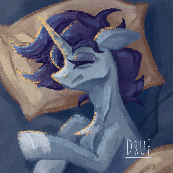 Size: 1080x1080 | Tagged: safe, artist:druf, artist:druf draws, derpibooru import, sea swirl, seafoam, oc, unofficial characters only, pony, unicorn, artfight, bed, beige background, blue mane, commission open, eyelashes, eyes closed, eyeshadow, hooves up, horn, image, lying down, makeup, pillow, png, sleeping, solo, turned head, white hooves