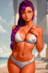 Size: 1024x1536 | Tagged: suggestive, ai content, color edit, derpibooru import, edit, editor:masterdarhil, editor:sammykun, machine learning generated, ponerpics import, sunny starscout, human, g5, beach, beautiful, beautisexy, belly, belly button, belly piercing, bikini, bikini babe, braid, braided ponytail, breasts, busty sunny starscout, cameltoe, cleavage, clothes, cutie mark on clothes, female, fit, g5 to equestria girls, hair tie, hand on breasts, hand on chest, image, midriff, piercing, png, ponytail, prompter:sammykun, recolor, sexy, solo, solo female, stupid sexy sunny starscout, swimsuit, toned, toned female, vacation, white swimsuit