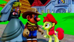 Size: 1920x1080 | Tagged: safe, artist:miketheuser, artist:superpac-mario64, derpibooru import, apple bloom, human, pony, g4, 3d, boots, cap, clothes, costume, cowboy boots, cowboy hat, crossover, dress, halloween, halloween costume, hat, holiday, image, mario, mario's hat, png, princess peach, shoes, super mario bros., wedding dress