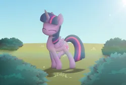 Size: 1280x866 | Tagged: safe, artist:k. dale, derpibooru import, twilight sparkle, twilight sparkle (alicorn), alicorn, pony, g4, bush, eyes closed, female, image, mare, movie accurate, png, shading, smiling, solo, standing