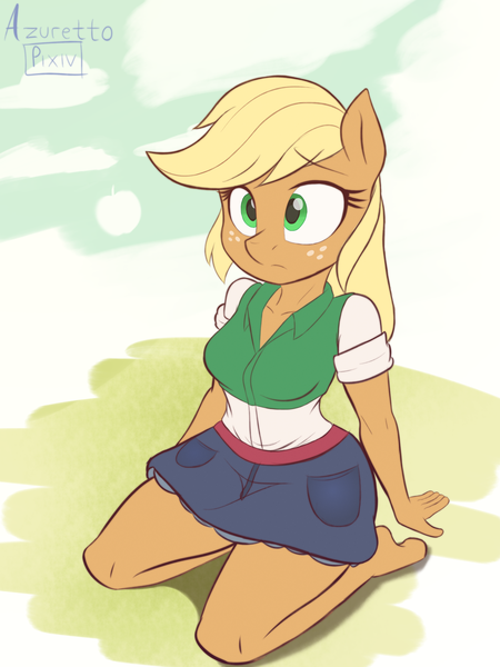 Size: 3000x4000 | Tagged: safe, alternate version, artist:azuretto, derpibooru import, applejack, anthro, earth pony, unguligrade anthro, g4, clothes, colored, equestria girls outfit, female, flat colors, frown, high res, image, kneeling, png, solo