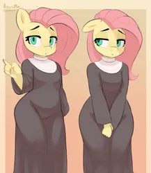 Size: 2600x3000 | Tagged: safe, artist:azuretto, derpibooru import, fluttershy, anthro, pegasus, g4, clothes, female, floppy ears, flutternun, frown, high res, image, lidded eyes, nun, nun outfit, png, solo, wrong eye color