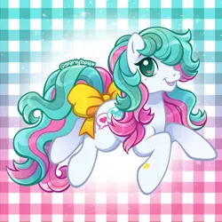 Size: 2400x2400 | Tagged: safe, artist:sparkytopia, derpibooru import, oc, unofficial characters only, earth pony, pony, g3, bow, female, image, looking at you, mlptp posty, patterned background, pink mane, png, signature, solo, tail, tail bow, teal eyes, teal mane, white coat