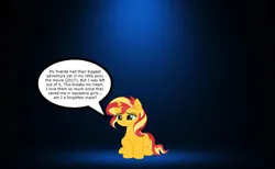 Size: 826x508 | Tagged: safe, artist:horseboy223, derpibooru import, sunset shimmer, unicorn, g4, my little pony: the movie, alone, depressed, depression, dialogue, female, forgotten, heartbreak, horn, image, jpeg, left out, lonely, movie accurate, solo, solo female, speech bubble, spotlight, text