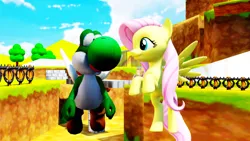 Size: 1920x1080 | Tagged: safe, artist:superpac-mario64, derpibooru import, fluttershy, dinosaur, pegasus, yoshi, g4, 3d, image, mmd, png, super mario bros., wings