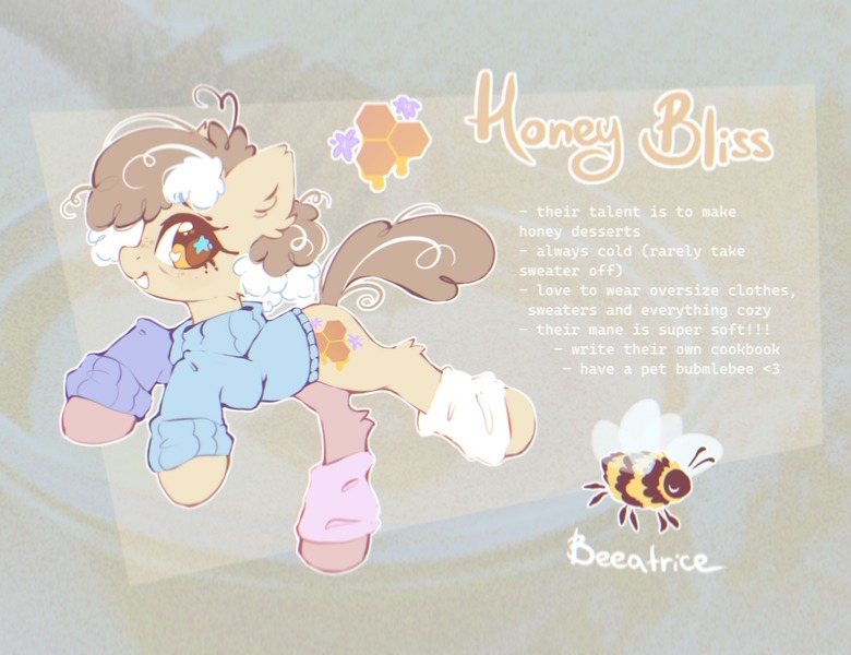 Size: 2048x1575 | Tagged: safe, artist:mirtash, derpibooru import, oc, oc:honey bliss, unofficial characters only, bee, earth pony, insect, pony, adoptable, adoptable open, bags under eyes, big hooves, blue sweater, brown eyelashes, brown pupils, bumblebee, cheek fluff, clothes, colored eyelashes, colored pupils, curly mane, curly tail, ear fluff, earth pony oc, eyelashes, for sale, freckles, heart, heart eyes, hock fluff, image, jpeg, leg warmers, looking back, outline, profile, raised hoof, raised hooves, raised leg, reference sheet, smiling, solo, standing, standing on one leg, starry eyes, sweater, tail, tan coat, text, thin, turtleneck, turtleneck sweater, two toned mane, two toned tail, wall of tags, white text, wingding eyes, yellow eyes, yellow text