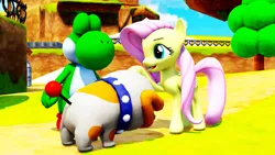 Size: 1920x1080 | Tagged: safe, artist:superpac-mario64, derpibooru import, fluttershy, pegasus, yoshi, g4, 3d, crossover, image, mmd, png, poochie, super mario bros.