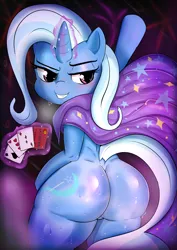 Size: 2894x4093 | Tagged: suggestive, artist:zekn, derpibooru import, trixie, pony, unicorn, bipedal, butt, credit card, dock, eyebrows, female, glow, glowing horn, grin, high res, horn, image, levitation, looking back, magic, mare, playing card, plot, png, raised eyebrow, raised hoof, shortstack, smiling, smirk, solo, sweat, tail, telekinesis, the great and powerful ass