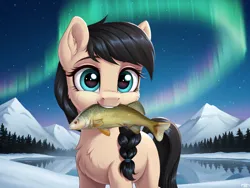 Size: 2048x1536 | Tagged: safe, ai content, derpibooru import, machine learning assisted, prompter:dovakkins, oc, unofficial characters only, fish, pony, taiga pony, aurora borealis, cute, female, fluffy, forest, image, jpeg, looking at you, mare, mountain, mountain range, mouth hold, nature, smiling, smiling at you, snow, solo, tree