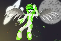 Size: 9600x6400 | Tagged: safe, artist:twinky, derpibooru import, oc, cyborg, pegasus, pony, semi-anthro, arm cannon, artificial wings, augmented, blank eyes, coat markings, female, green eyes, green mane, headphones, image, mare, murder drones, png, rocket, rocket launcher, solo, spread wings, swirls, swirly markings, tattoo, weapon, wings