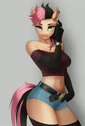 Size: 2614x3834 | Tagged: suggestive, artist:rexiwiksi, ponerpics import, oc, unofficial characters only, anthro, breasts, clothes, female, image, jpeg, looking at you, socks (coat marking)