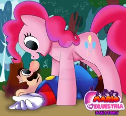 Size: 827x764 | Tagged: safe, artist:pokemonfan111, derpibooru import, pinkie pie, earth pony, human, pony, comic:mario in equestria, g4, crossover, deviantart watermark, female, image, jpeg, male, mario, obtrusive watermark, super mario bros., watermark