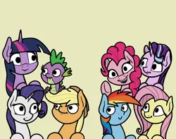 Size: 2048x1615 | Tagged: safe, artist:ewoudcponies, derpibooru import, applejack, fluttershy, pinkie pie, rainbow dash, rarity, spike, starlight glimmer, twilight sparkle, twilight sparkle (alicorn), alicorn, dragon, earth pony, pegasus, pony, unicorn, female, horn, image, looking at you, male, mane seven, mane six, mare, png, simple background, smiling, smiling at you, waving, waving at you, yellow background