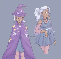 Size: 1883x1819 | Tagged: safe, artist:starryducks, derpibooru import, trixie, human, alternate hairstyle, blue background, cape, choker, clothes, dress, ear piercing, earring, eyeshadow, female, grin, hat, humanized, image, jewelry, jpeg, lipstick, magic wand, makeup, piercing, ponytail, simple background, smiling, solo, trixie's cape, trixie's hat, wand