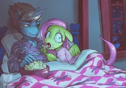 Size: 1772x1238 | Tagged: safe, artist:ladysdino, derpibooru import, fluttershy, oc, oc:rope trick, anthro, pegasus, unicorn, g4, bed, canon x oc, clothes, commission, female, floppy ears, fluttershy's bedroom, food, horn, image, jpeg, male, night, on bed, open mouth, pajamas, popcorn, scared, shipping, shrunken pupils, straight