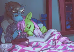 Size: 1772x1238 | Tagged: safe, artist:ladysdino, derpibooru import, fluttershy, oc, oc:rope trick, anthro, pegasus, unicorn, g4, bed, bowl, canon x oc, clothes, commission, cuddling, duo, duo male and female, female, fluttershy's bedroom, horn, image, jpeg, male, on bed, pajamas, shipping, sleeping, straight