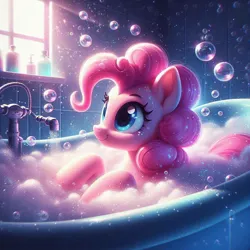 Size: 1024x1024 | Tagged: safe, ai content, derpibooru import, machine learning generated, pinkie pie, earth pony, g4, bathtub, bubble, female, image, jpeg, prompter:pinkiepiepics, solo