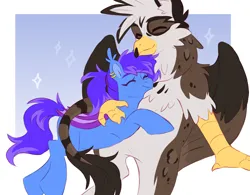 Size: 4388x3428 | Tagged: source needed, safe, artist:cheekipone, derpibooru import, oc, oc:evening lily, oc:ospreay, bat pony, gryphon, bat pony oc, bat wings, beak, ear piercing, earring, eyes closed, griffon oc, hug, image, jewelry, jpeg, markings, patreon, patreon reward, piercing, simple background, sketch, smiling, tail, wings