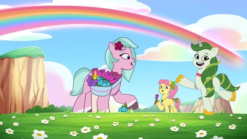 Size: 1920x1080 | Tagged: safe, derpibooru import, edit, edited screencap, screencap, posey (g5), earth pony, pony, unicorn, g5, my little pony: tell your tale, dahlia, flower, grass, horn, image, jpeg, leaf, meadow, rainbow, the blockywockys, 莉芙