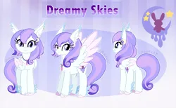 Size: 2916x1794 | Tagged: safe, artist:spookyle, derpibooru import, oc, oc:dreamy skies, unofficial characters only, hippogriff, abstract background, colored eartips, colored fetlocks, colored hooves, colored wings, colored wingtips, ear fluff, eyelashes, feathered ears, feathered fetlocks, female, hair accessory, hairclip, hippogriff oc, hooves, image, jewelry, long mane, long tail, mane accessory, necklace, outline, pink hooves, pink wingtips, png, purple eyes, purple mane, purple tail, reference sheet, signature, smiling, solo, sparkly mane, sparkly tail, standing, tail, tall ears, text, two toned mane, two toned tail, two toned wings, unshorn fetlocks, wavy mane, wavy tail, white coat, wings