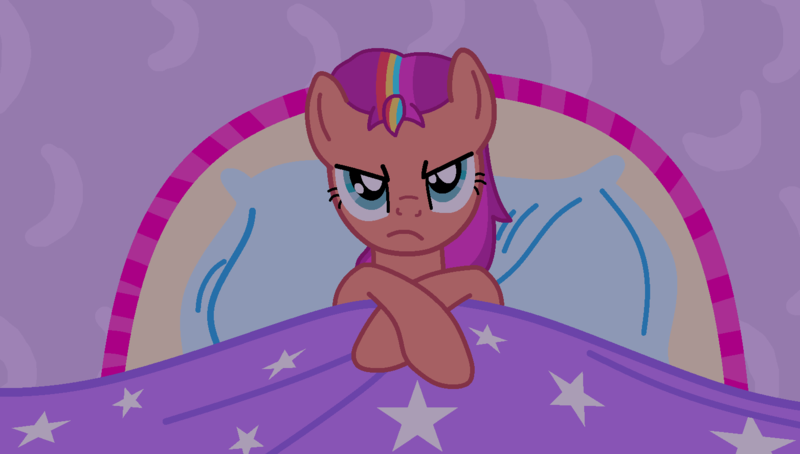 Size: 1564x887 | Tagged: safe, artist:princess-paige-place-of-fun, derpibooru import, sunny starscout, earth pony, pony, g4, g5, look before you sleep, bed, bedroom, female, g5 to g4, generation leap, image, looking at you, mane stripe sunny, mare, png, scene interpretation, sunny starscout is not amused, unamused