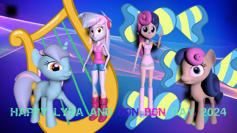 Size: 2048x1152 | Tagged: safe, artist:gaelgaming1, derpibooru import, bon bon, lyra heartstrings, sweetie drops, earth pony, human, pony, unicorn, equestria girls, g4, 3d, cutie mark, horn, image, lyra and bon bon day, png, self paradox, self ponidox, source filmmaker