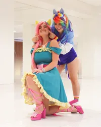 Size: 1080x1349 | Tagged: safe, artist:alicenyannya, artist:gianaxrose, derpibooru import, fluttershy, rainbow dash, human, g4, clothes, cosplay, costume, duo, goggles, image, irl, irl human, jpeg, multicolored hair, photo, rainbow hair