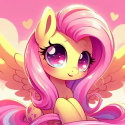 Size: 1024x1024 | Tagged: safe, ai content, derpibooru import, machine learning generated, prompter:doomguy397, fluttershy, pegasus, pony, g4, cute, female, generator:dall-e 3, gradient background, heart, image, jpeg, looking at you, mare, shyabetes, solo, solo female, spread wings, weapons-grade cute, wings