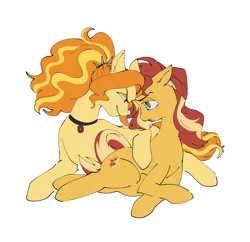 Size: 1548x1500 | Tagged: safe, artist:jzdog_0205, derpibooru import, adagio dazzle, sunset shimmer, ponified, earth pony, pony, unicorn, equestria girls, g4, collar, duo, duo female, equestria girls ponified, female, horn, image, lesbian, lidded eyes, looking at each other, looking at someone, lying down, mare, png, ponytail, ship:sunsagio, shipping, simple background, smiling, white background