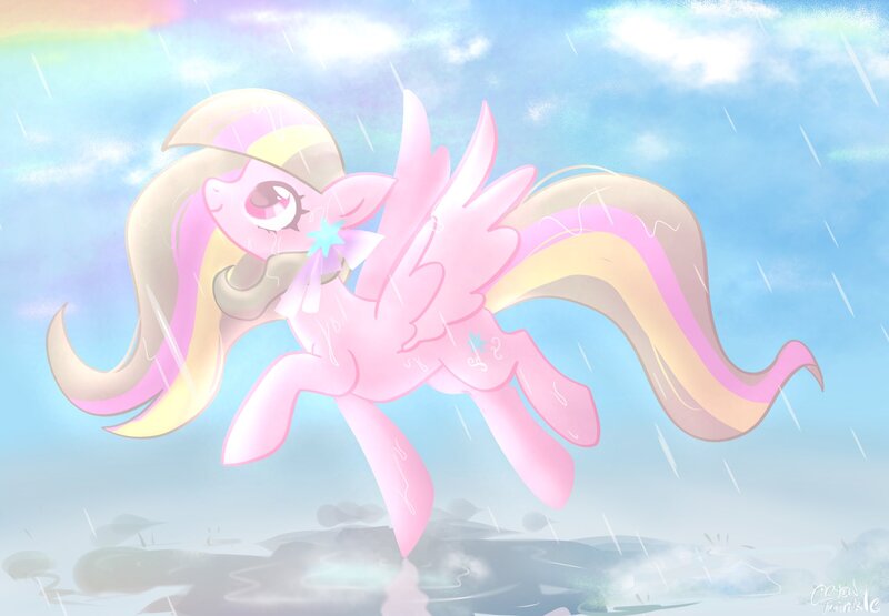 Size: 2048x1421 | Tagged: safe, artist:petaltwinkle, derpibooru import, oc, oc:petal twinkle, unofficial characters only, pegasus, pony, bangs, bow, cloud, day, detailed background, eyelashes, female, flying, hair accessory, hair bow, image, jpeg, looking up, mane accessory, mare, mare oc, multicolored mane, multicolored tail, outdoors, pegasus oc, pink bow, pink coat, pink eyes, profile, puddle, rain, rainbow, raised hoof, raised leg, reflection, shiny eyes, signature, sky background, smiling, spread wings, standing, standing on one leg, tail, three toned mane, three toned tail, tri-color mane, tri-color tail, tri-colored mane, tri-colored tail, tricolor mane, tricolor tail, tricolored mane, tricolored tail, wavy mane, wavy tail, wet, wet mane, wet tail, wings