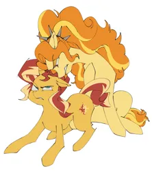 Size: 1453x1636 | Tagged: safe, artist:jzdog_0205, derpibooru import, adagio dazzle, sunset shimmer, ponified, earth pony, pony, unicorn, equestria girls, g4, angry, duo, duo female, equestria girls ponified, female, frown, hoof on chest, horn, image, lesbian, lidded eyes, looking at each other, looking at someone, mare, png, ship:sunsagio, shipping, simple background, sitting, white background