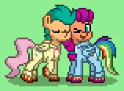 Size: 316x232 | Tagged: safe, derpibooru import, fluttershy, hitch trailblazer, rainbow dash, sunny starscout, pony, pony town, g5, clothes, cosplay, costume, duo, female, flutterdash, green background, hoodie, image, kigurumi, kissing, lesbian, male, png, ship:starblazer, shipping, simple background, straight