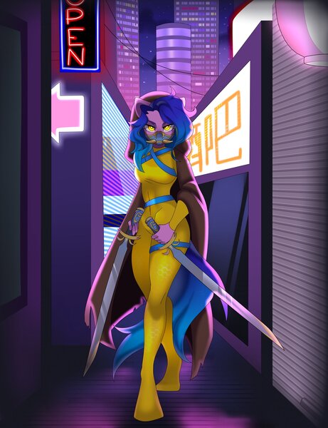 Size: 1575x2048 | Tagged: safe, artist:haruk, ponerpics import, oc, unofficial characters only, anthro, alley, breasts, clothes, female, image, jpeg, katana, latex, latex suit, mask, sword, weapon