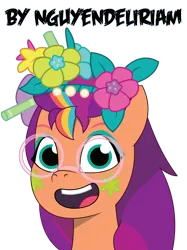 Size: 4589x6140 | Tagged: safe, artist:nguyendeliriam, derpibooru import, sunny starscout, earth pony, pony, g5, my little pony: tell your tale, bridlewoodstock, bridlewoodstock (tell your tale), cute, female, flower, flower in hair, glasses, happy, image, looking at you, mare, open mouth, open smile, png, smiling, sunnybetes