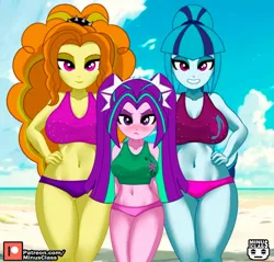 Size: 900x859 | Tagged: suggestive, alternate version, artist:minusclass, derpibooru import, adagio dazzle, aria blaze, sonata dusk, human, equestria girls, g4, 2d, bangs, beach, belly, bikini, bikini bottom, bikini top, blushing, breasts, cleavage, clothes, cloud, concave belly, curly hair, cutie mark, cutie mark on clothes, eyeshadow, female, hairband, hand on hip, height difference, image, jpeg, legs, looking at you, makeup, midriff, outdoors, patreon, patreon logo, pigtails, ponytail, sand, siblings, sideburns, sisters, sky, smiling, smiling at you, swimsuit, the dazzlings, thighs, twintails, wide hips