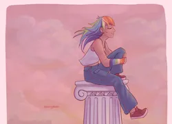 Size: 2048x1485 | Tagged: safe, artist:starryducks, derpibooru import, rainbow dash, human, arm warmers, clothes, cloud, cloudy, denim, eyes closed, female, humanized, image, jeans, pants, png, shoes, sitting, smiling, sneakers, solo, tan skin, windswept hair